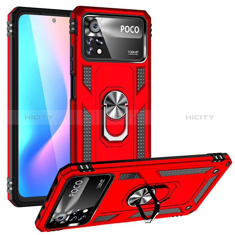 Coque Contour Silicone et Plastique Housse Etui Mat avec Magnetique Support Bague Anneau MQ3 pour Xiaomi Poco X4 Pro 5G Rouge Plus