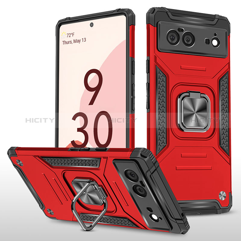 Coque Contour Silicone et Plastique Housse Etui Mat avec Magnetique Support Bague Anneau MQ4 pour Google Pixel 6 5G Rouge Plus