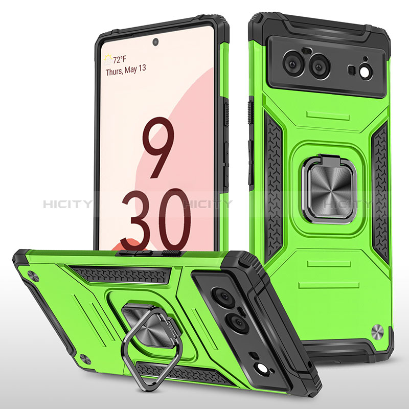 Coque Contour Silicone et Plastique Housse Etui Mat avec Magnetique Support Bague Anneau MQ4 pour Google Pixel 6 5G Vert Plus