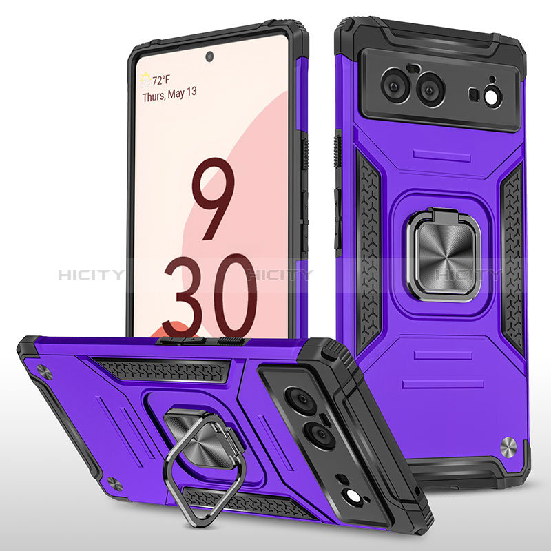 Coque Contour Silicone et Plastique Housse Etui Mat avec Magnetique Support Bague Anneau MQ4 pour Google Pixel 6 5G Violet Plus