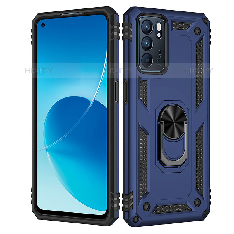 Coque Contour Silicone et Plastique Housse Etui Mat avec Magnetique Support Bague Anneau MQ4 pour Oppo Reno6 5G Bleu Plus