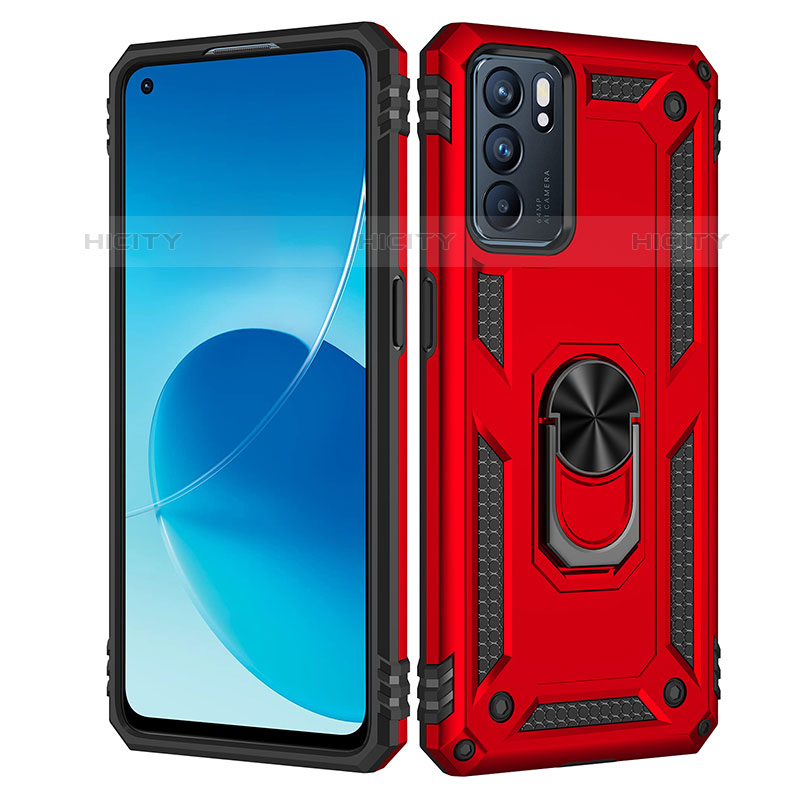 Coque Contour Silicone et Plastique Housse Etui Mat avec Magnetique Support Bague Anneau MQ4 pour Oppo Reno6 5G Rouge Plus