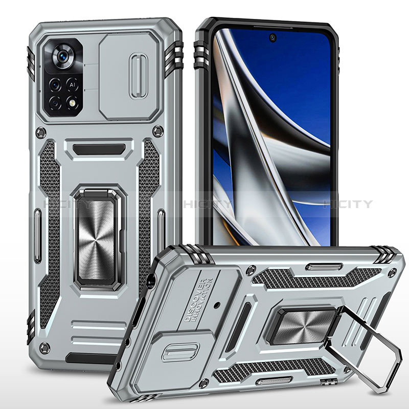 Coque Contour Silicone et Plastique Housse Etui Mat avec Magnetique Support Bague Anneau MQ4 pour Xiaomi Poco X4 Pro 5G Argent Plus