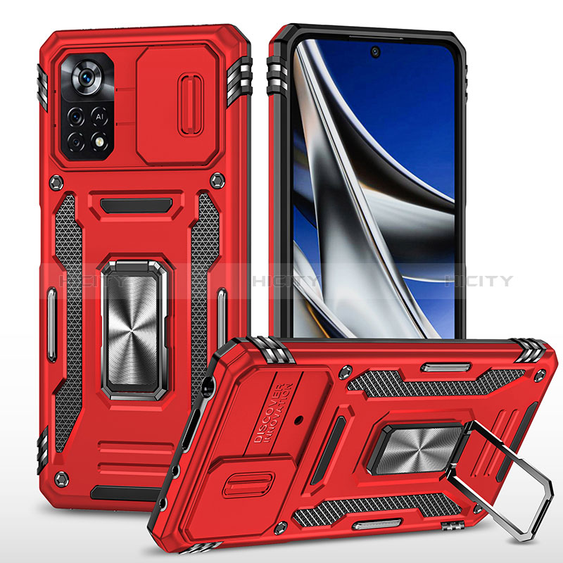 Coque Contour Silicone et Plastique Housse Etui Mat avec Magnetique Support Bague Anneau MQ4 pour Xiaomi Poco X4 Pro 5G Rouge Plus