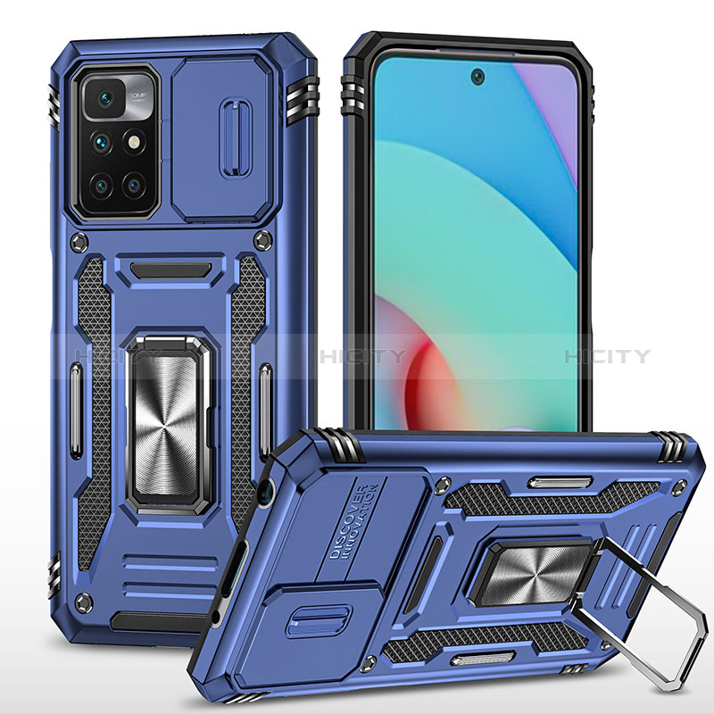 Coque Contour Silicone et Plastique Housse Etui Mat avec Magnetique Support Bague Anneau MQ4 pour Xiaomi Redmi 10 (2022) Bleu Plus