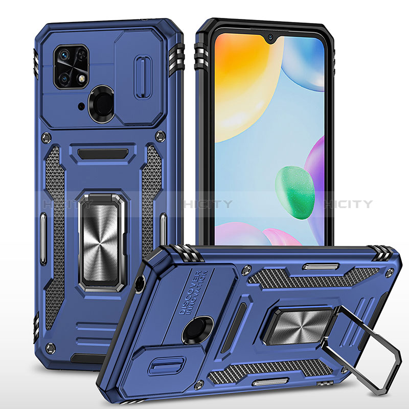 Coque Contour Silicone et Plastique Housse Etui Mat avec Magnetique Support Bague Anneau MQ4 pour Xiaomi Redmi 10 India Bleu Plus