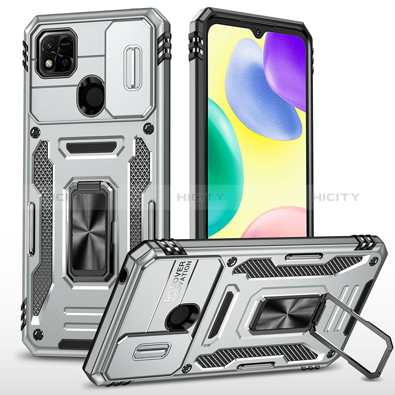 Coque Contour Silicone et Plastique Housse Etui Mat avec Magnetique Support Bague Anneau MQ4 pour Xiaomi Redmi 9 Activ Argent Plus