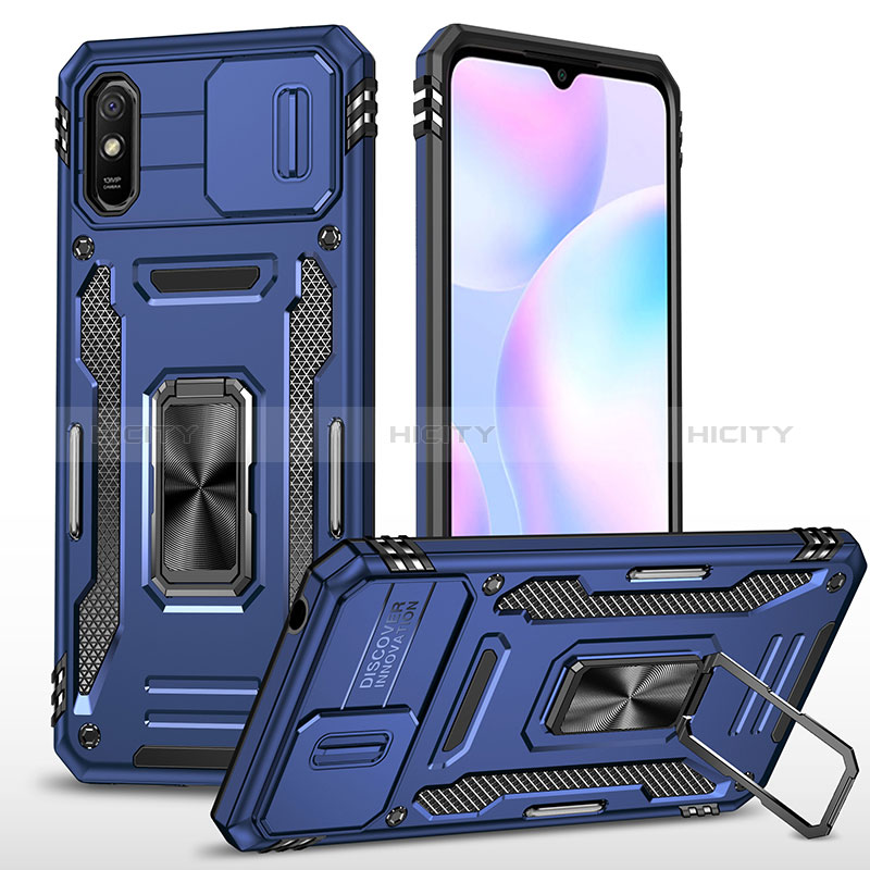 Coque Contour Silicone et Plastique Housse Etui Mat avec Magnetique Support Bague Anneau MQ4 pour Xiaomi Redmi 9A Bleu Plus