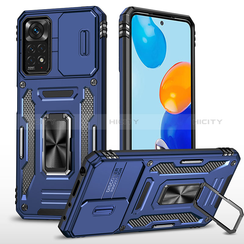 Coque Contour Silicone et Plastique Housse Etui Mat avec Magnetique Support Bague Anneau MQ4 pour Xiaomi Redmi Note 11 Pro 4G Bleu Plus