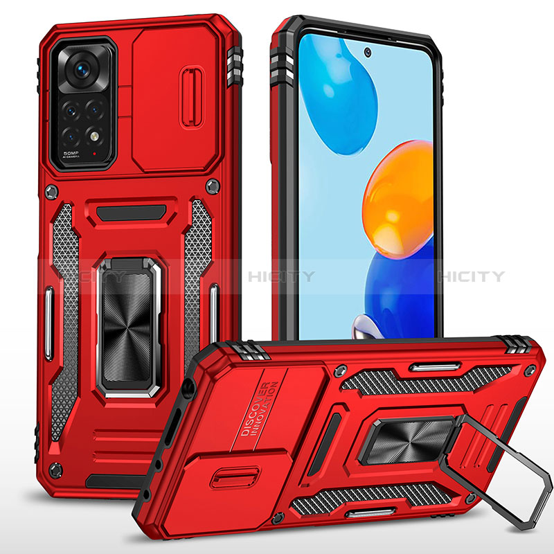 Coque Contour Silicone et Plastique Housse Etui Mat avec Magnetique Support Bague Anneau MQ4 pour Xiaomi Redmi Note 11 Pro 4G Rouge Plus