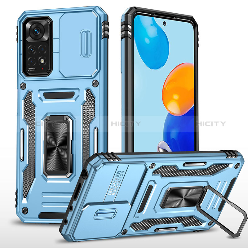 Coque Contour Silicone et Plastique Housse Etui Mat avec Magnetique Support Bague Anneau MQ4 pour Xiaomi Redmi Note 11 Pro 5G Bleu Ciel Plus