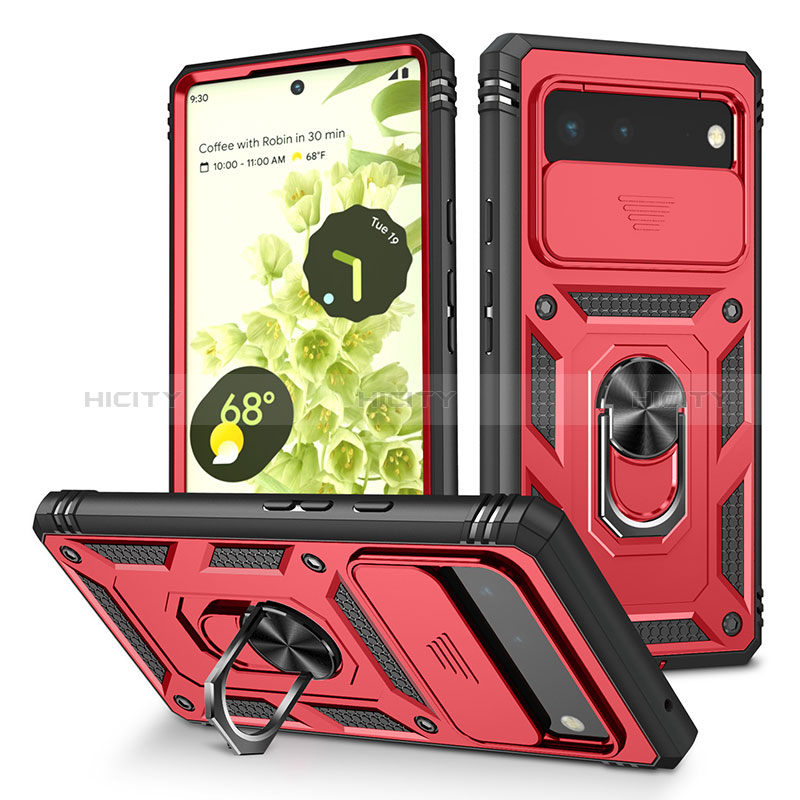 Coque Contour Silicone et Plastique Housse Etui Mat avec Magnetique Support Bague Anneau MQ5 pour Google Pixel 6 5G Rouge Plus