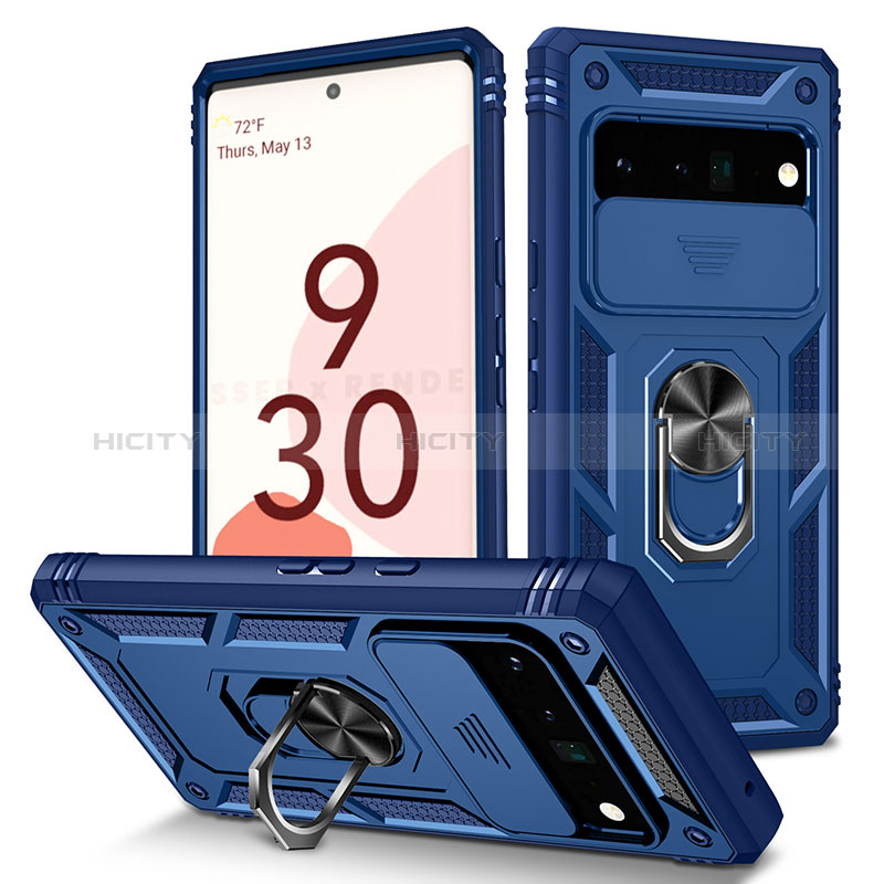 Coque Contour Silicone et Plastique Housse Etui Mat avec Magnetique Support Bague Anneau MQ5 pour Google Pixel 6 Pro 5G Bleu Plus