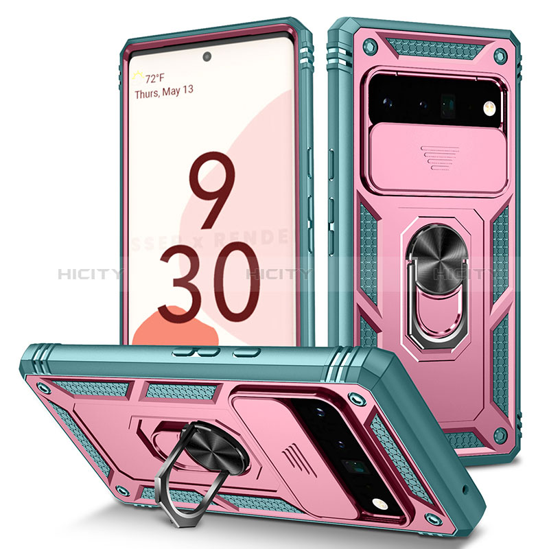 Coque Contour Silicone et Plastique Housse Etui Mat avec Magnetique Support Bague Anneau MQ5 pour Google Pixel 6 Pro 5G Rose Plus