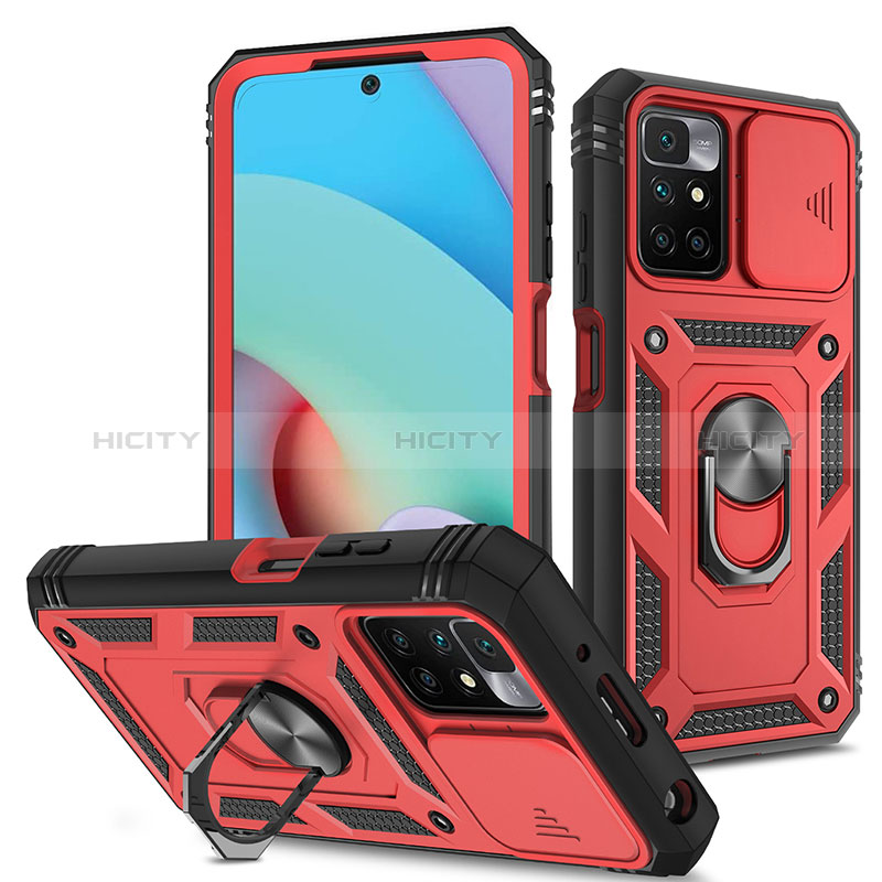 Coque Contour Silicone et Plastique Housse Etui Mat avec Magnetique Support Bague Anneau MQ5 pour Xiaomi Redmi 10 (2022) Rouge Plus