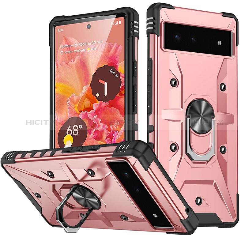 Coque Contour Silicone et Plastique Housse Etui Mat avec Magnetique Support Bague Anneau MQ6 pour Google Pixel 6 5G Or Rose Plus