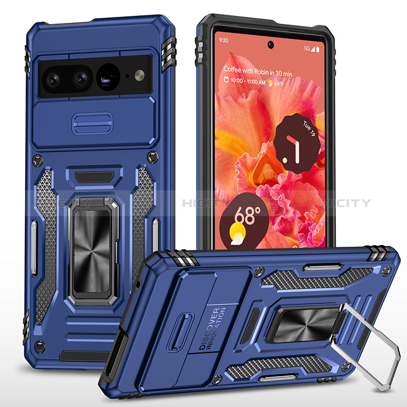 Coque Contour Silicone et Plastique Housse Etui Mat avec Magnetique Support Bague Anneau MQ6 pour Google Pixel 7 Pro 5G Bleu Plus