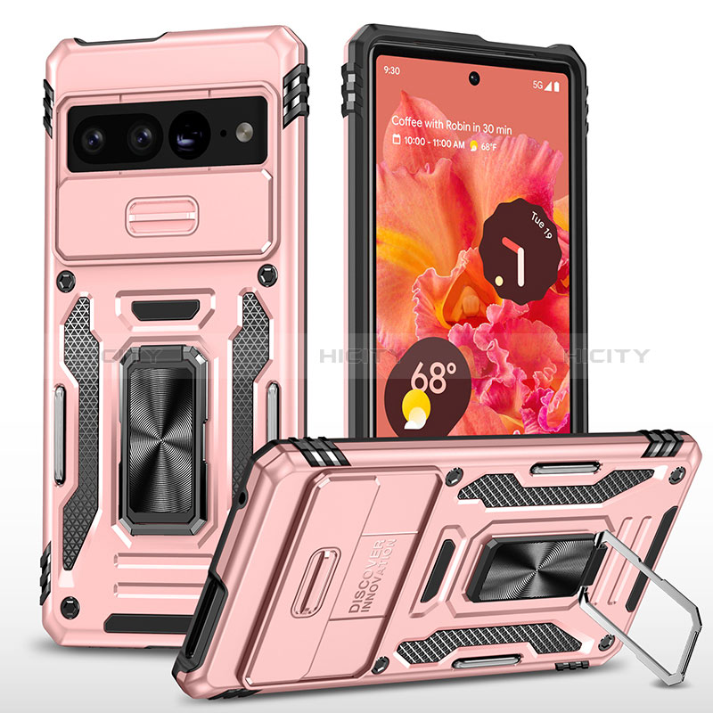 Coque Contour Silicone et Plastique Housse Etui Mat avec Magnetique Support Bague Anneau MQ6 pour Google Pixel 7 Pro 5G Or Rose Plus