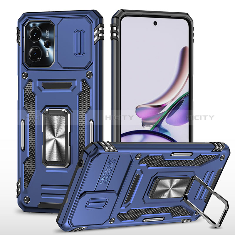 Coque Contour Silicone et Plastique Housse Etui Mat avec Magnetique Support Bague Anneau MQ6 pour Motorola Moto G13 Bleu Plus