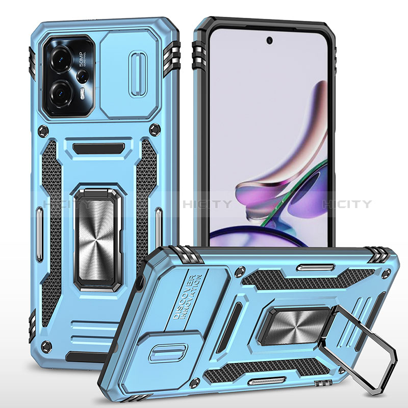 Coque Contour Silicone et Plastique Housse Etui Mat avec Magnetique Support Bague Anneau MQ6 pour Motorola Moto G23 Bleu Clair Plus