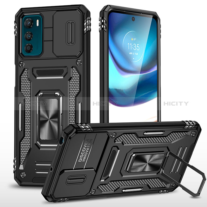 Coque Contour Silicone et Plastique Housse Etui Mat avec Magnetique Support Bague Anneau MQ6 pour Motorola Moto G42 Noir Plus