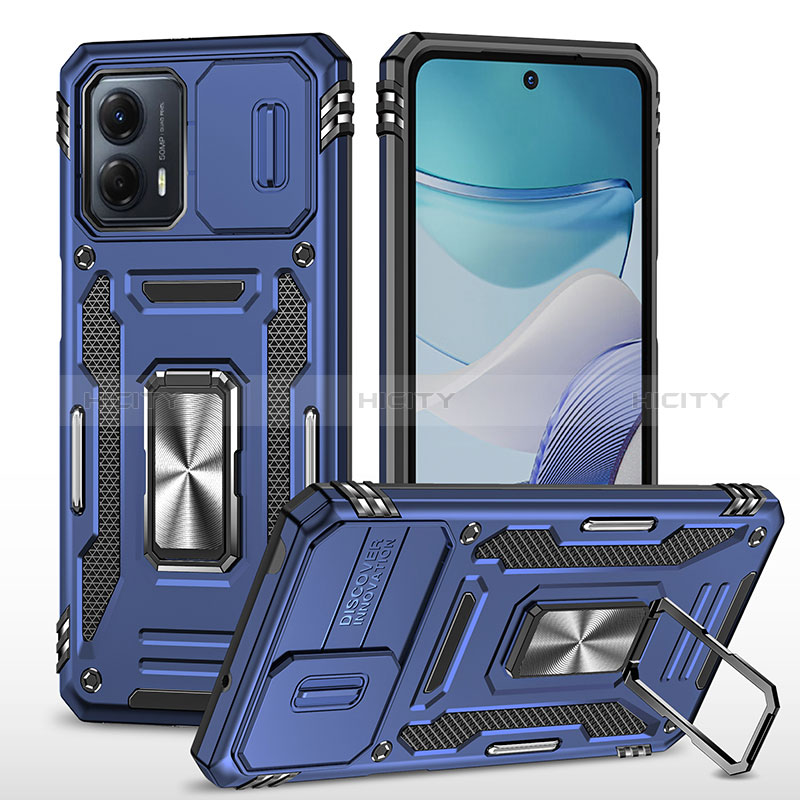 Coque Contour Silicone et Plastique Housse Etui Mat avec Magnetique Support Bague Anneau MQ6 pour Motorola Moto G53 5G Bleu Plus