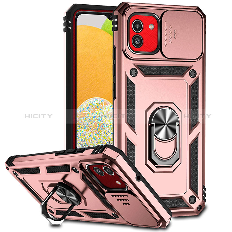 Coque Contour Silicone et Plastique Housse Etui Mat avec Magnetique Support Bague Anneau MQ6 pour Samsung Galaxy A03 Or Rose Plus