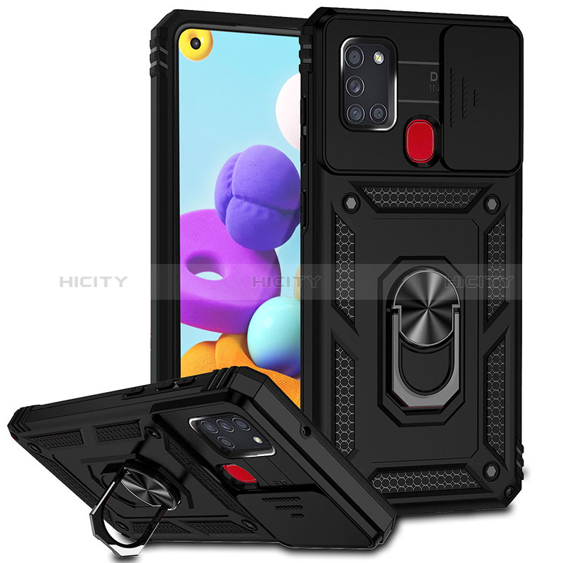 Coque Contour Silicone et Plastique Housse Etui Mat avec Magnetique Support Bague Anneau MQ6 pour Samsung Galaxy A21s Noir Plus