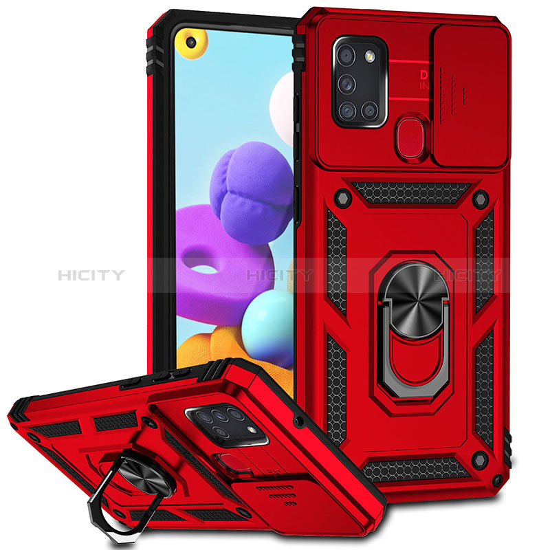 Coque Contour Silicone et Plastique Housse Etui Mat avec Magnetique Support Bague Anneau MQ6 pour Samsung Galaxy A21s Rouge Plus