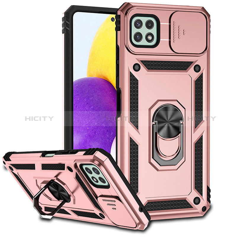 Coque Contour Silicone et Plastique Housse Etui Mat avec Magnetique Support Bague Anneau MQ6 pour Samsung Galaxy A22 5G Or Rose Plus