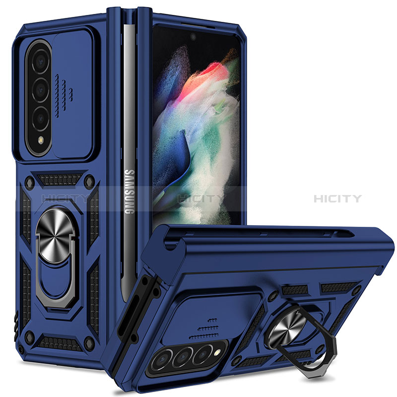 Coque Contour Silicone et Plastique Housse Etui Mat avec Magnetique Support Bague Anneau MQ6 pour Samsung Galaxy Z Fold3 5G Bleu Plus