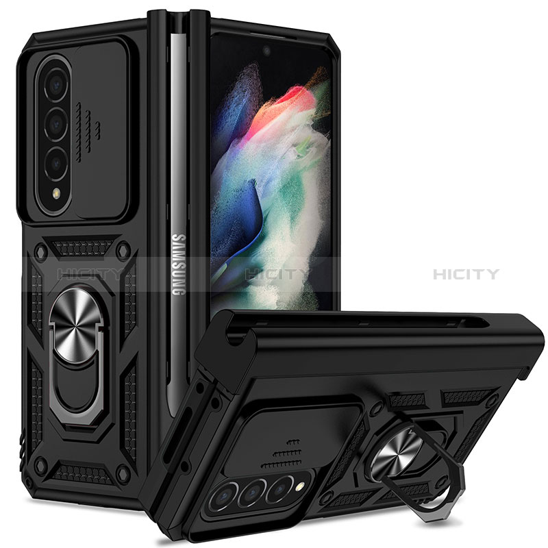 Coque Contour Silicone et Plastique Housse Etui Mat avec Magnetique Support Bague Anneau MQ6 pour Samsung Galaxy Z Fold3 5G Noir Plus