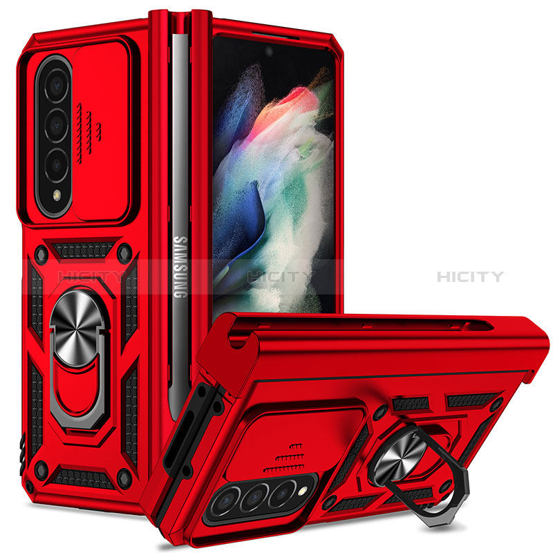 Coque Contour Silicone et Plastique Housse Etui Mat avec Magnetique Support Bague Anneau MQ6 pour Samsung Galaxy Z Fold3 5G Rouge Plus