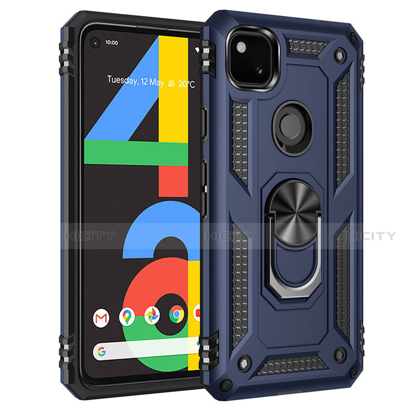 Coque Contour Silicone et Plastique Housse Etui Mat avec Magnetique Support Bague Anneau pour Google Pixel 4a Bleu Plus