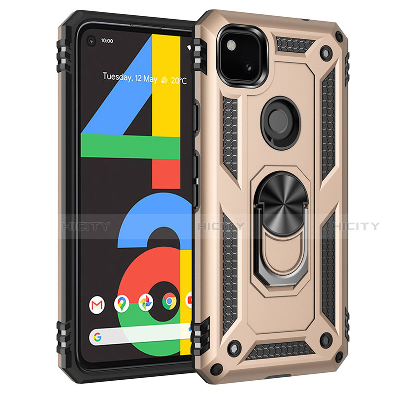 Coque Contour Silicone et Plastique Housse Etui Mat avec Magnetique Support Bague Anneau pour Google Pixel 4a Or Plus