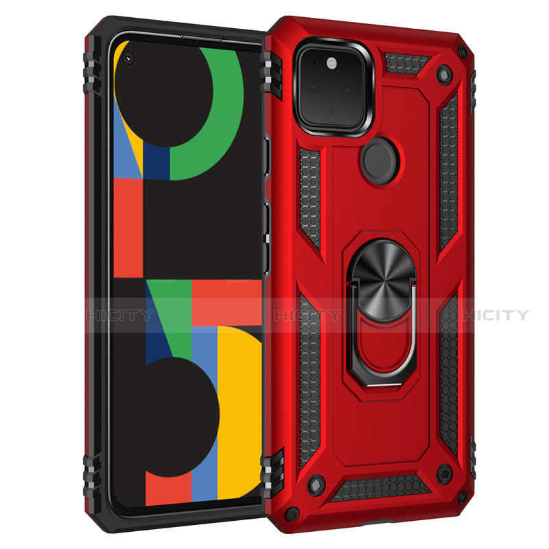 Coque Contour Silicone et Plastique Housse Etui Mat avec Magnetique Support Bague Anneau pour Google Pixel 5 Rouge Plus