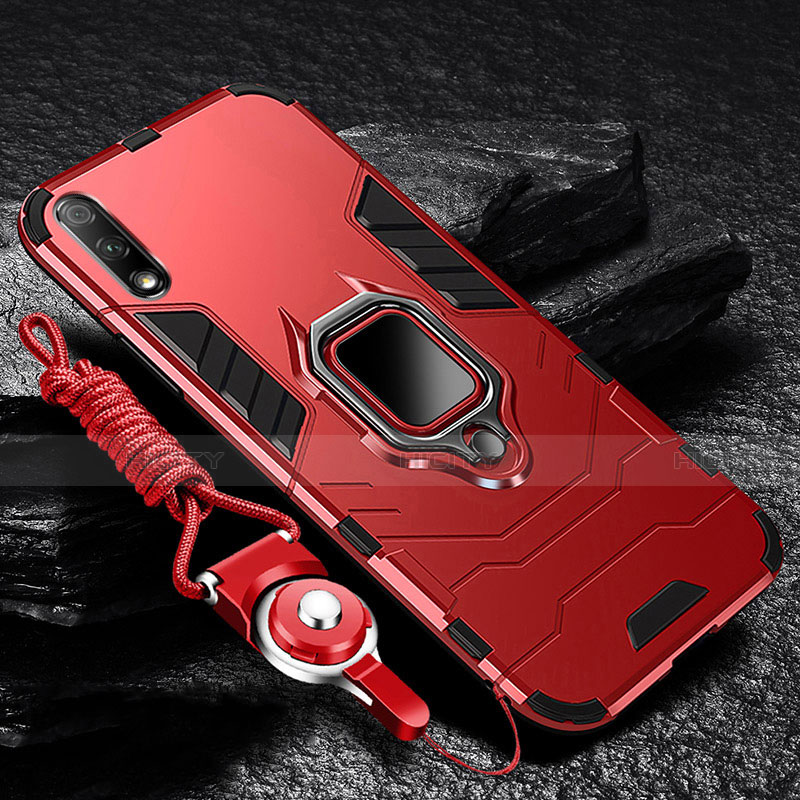 Coque Contour Silicone et Plastique Housse Etui Mat avec Magnetique Support Bague Anneau pour Huawei Enjoy 10 Rouge Plus