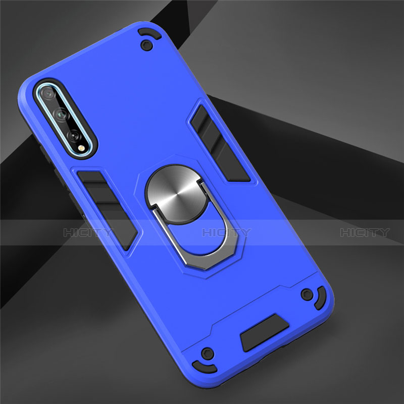 Coque Contour Silicone et Plastique Housse Etui Mat avec Magnetique Support Bague Anneau pour Huawei Enjoy 10S Bleu Plus