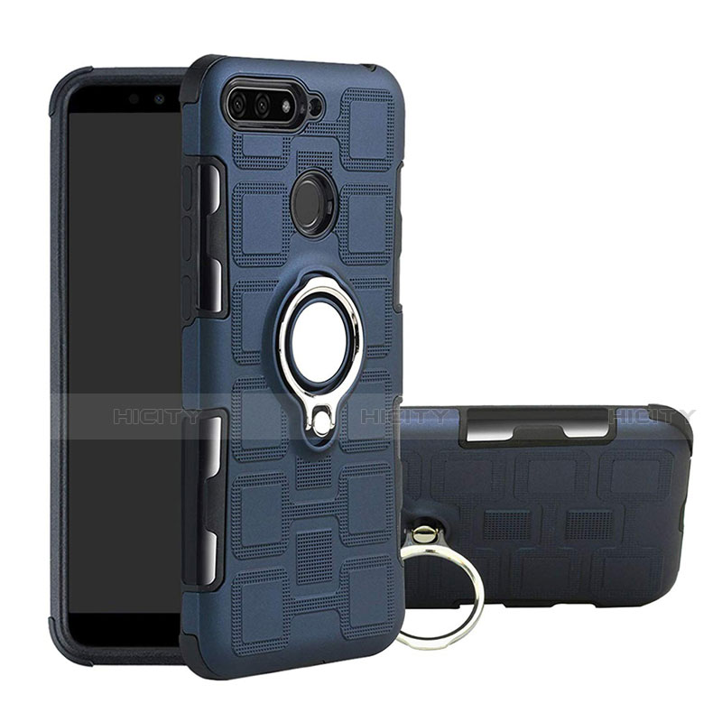 Coque Contour Silicone et Plastique Housse Etui Mat avec Magnetique Support Bague Anneau pour Huawei Enjoy 8e Bleu Plus