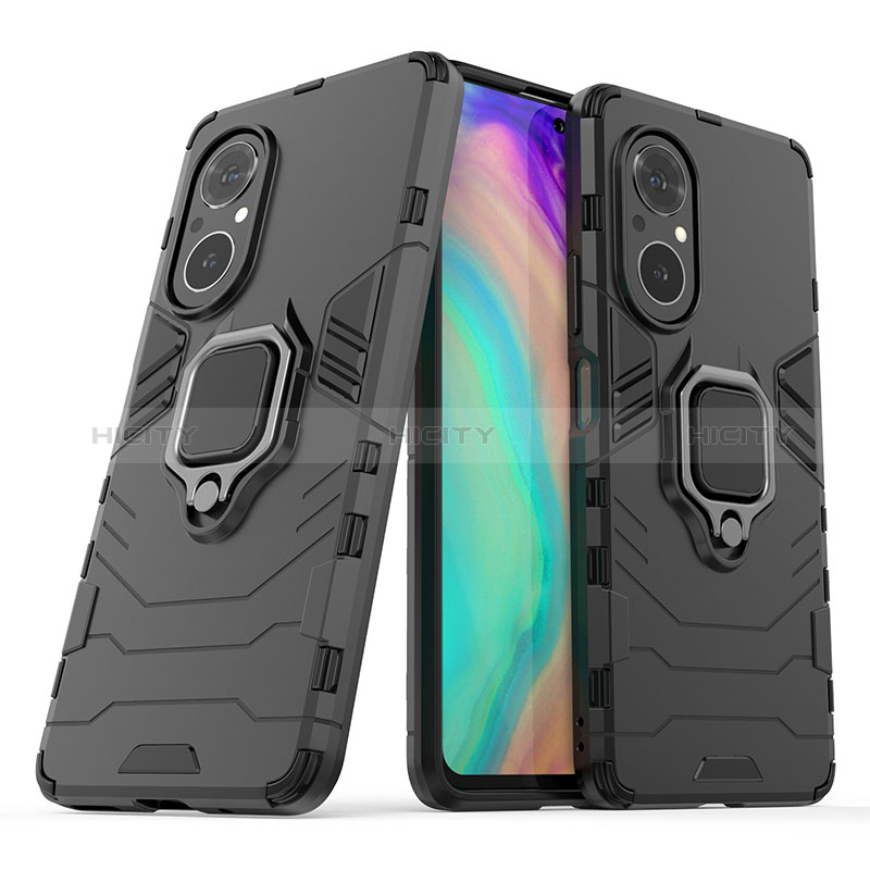 Coque Contour Silicone et Plastique Housse Etui Mat avec Magnetique Support Bague Anneau pour Huawei Honor 50 SE 5G Noir Plus