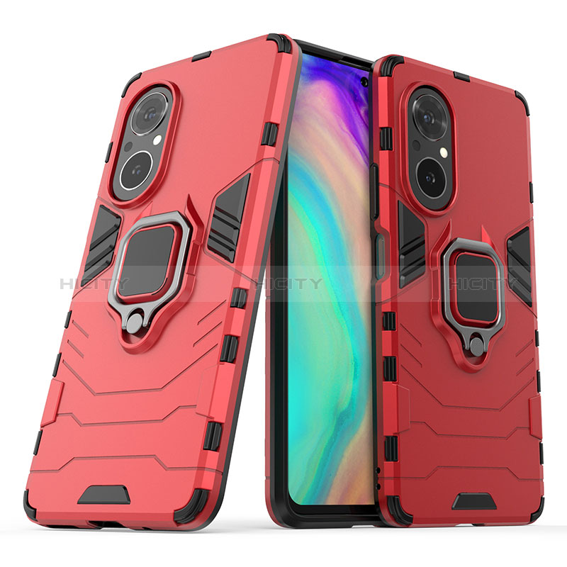 Coque Contour Silicone et Plastique Housse Etui Mat avec Magnetique Support Bague Anneau pour Huawei Honor 50 SE 5G Rouge Plus