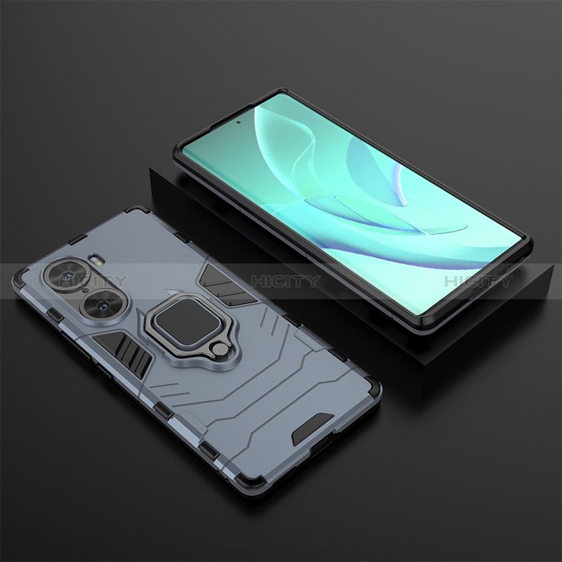 Coque Contour Silicone et Plastique Housse Etui Mat avec Magnetique Support Bague Anneau pour Huawei Honor 60 5G Bleu Plus