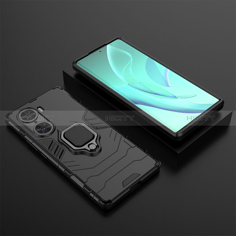 Coque Contour Silicone et Plastique Housse Etui Mat avec Magnetique Support Bague Anneau pour Huawei Honor 60 5G Noir Plus