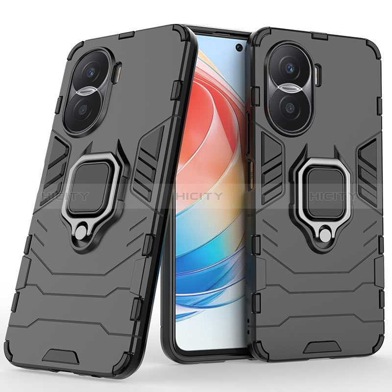 Coque Contour Silicone et Plastique Housse Etui Mat avec Magnetique Support Bague Anneau pour Huawei Honor X40i 5G Noir Plus