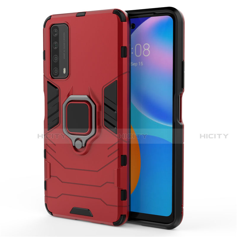 Coque Contour Silicone et Plastique Housse Etui Mat avec Magnetique Support Bague Anneau pour Huawei P Smart (2021) Rouge Plus