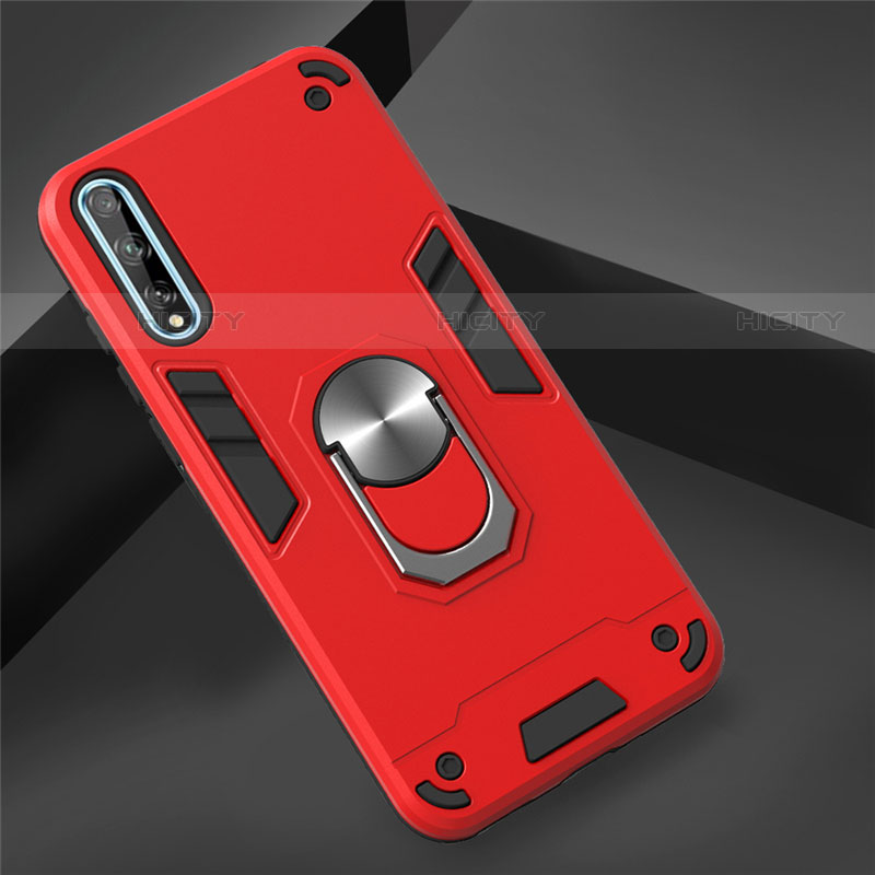 Coque Contour Silicone et Plastique Housse Etui Mat avec Magnetique Support Bague Anneau pour Huawei P smart S Rouge Plus