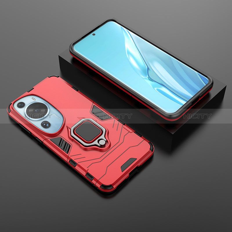 Coque Contour Silicone et Plastique Housse Etui Mat avec Magnetique Support Bague Anneau pour Huawei P60 Art Rouge Plus