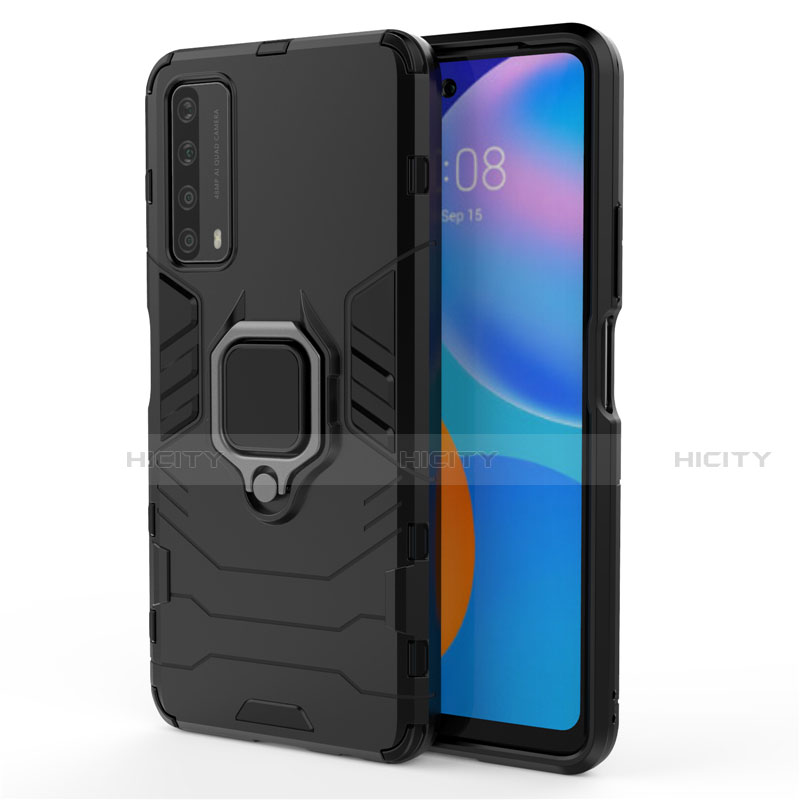 Coque Contour Silicone et Plastique Housse Etui Mat avec Magnetique Support Bague Anneau pour Huawei Y7a Noir Plus