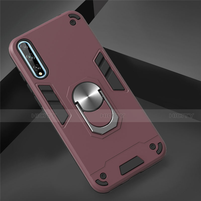 Coque Contour Silicone et Plastique Housse Etui Mat avec Magnetique Support Bague Anneau pour Huawei Y8p Vin Rouge Plus