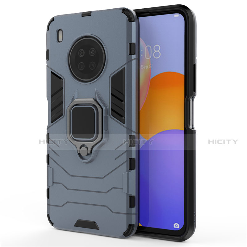 Coque Contour Silicone et Plastique Housse Etui Mat avec Magnetique Support Bague Anneau pour Huawei Y9a Bleu Plus